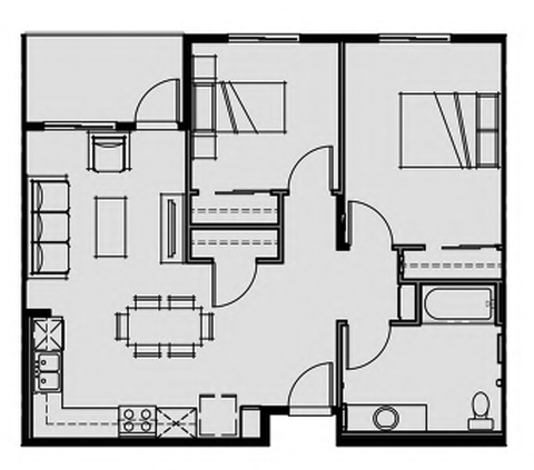 Floor plan for 2 beds, 1 bath, 849 sqft